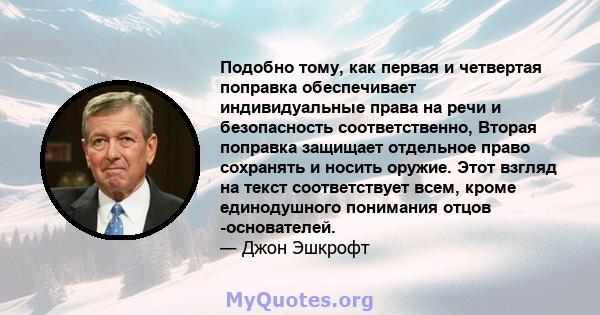 Подобно тому, как первая и четвертая поправка обеспечивает индивидуальные права на речи и безопасность соответственно, Вторая поправка защищает отдельное право сохранять и носить оружие. Этот взгляд на текст