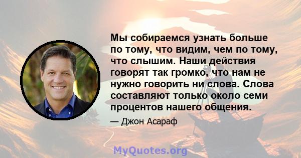 Мы собираемся узнать больше по тому, что видим, чем по тому, что слышим. Наши действия говорят так громко, что нам не нужно говорить ни слова. Слова составляют только около семи процентов нашего общения.