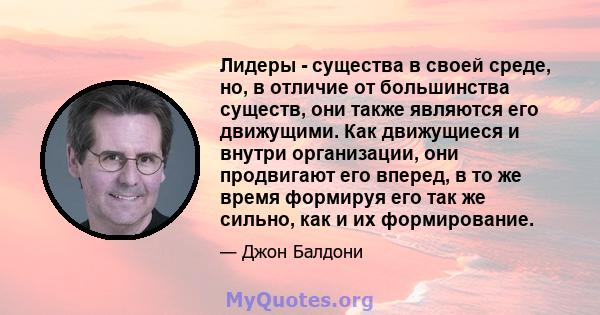 Лидеры - существа в своей среде, но, в отличие от большинства существ, они также являются его движущими. Как движущиеся и внутри организации, они продвигают его вперед, в то же время формируя его так же сильно, как и их 