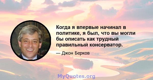 Когда я впервые начинал в политике, я был, что вы могли бы описать как трудный правильный консерватор.