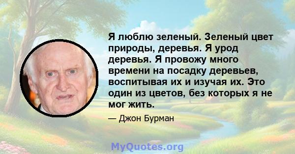 Я люблю зеленый. Зеленый цвет природы, деревья. Я урод деревья. Я провожу много времени на посадку деревьев, воспитывая их и изучая их. Это один из цветов, без которых я не мог жить.