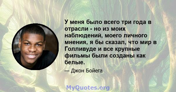 У меня было всего три года в отрасли - но из моих наблюдений, моего личного мнения, я бы сказал, что мир в Голливуде и все крупные фильмы были созданы как белые.