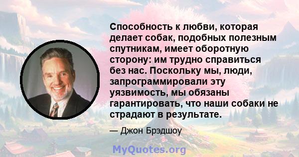 Способность к любви, которая делает собак, подобных полезным спутникам, имеет оборотную сторону: им трудно справиться без нас. Поскольку мы, люди, запрограммировали эту уязвимость, мы обязаны гарантировать, что наши