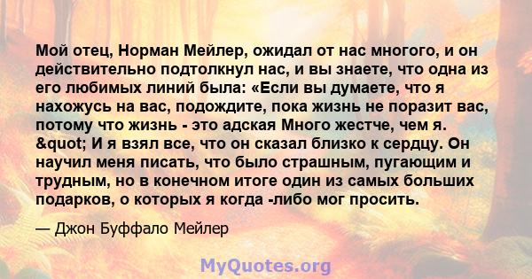 Мой отец, Норман Мейлер, ожидал от нас многого, и он действительно подтолкнул нас, и вы знаете, что одна из его любимых линий была: «Если вы думаете, что я нахожусь на вас, подождите, пока жизнь не поразит вас, потому