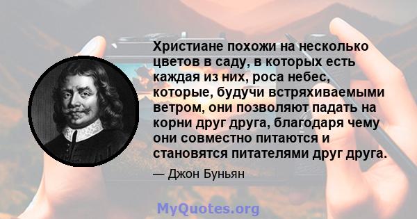 Христиане похожи на несколько цветов в саду, в которых есть каждая из них, роса небес, которые, будучи встряхиваемыми ветром, они позволяют падать на корни друг друга, благодаря чему они совместно питаются и становятся