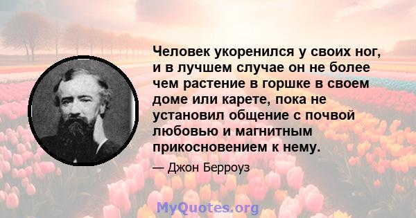 Человек укоренился у своих ног, и в лучшем случае он не более чем растение в горшке в своем доме или карете, пока не установил общение с почвой любовью и магнитным прикосновением к нему.