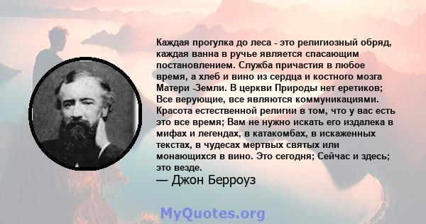 Каждая прогулка до леса - это религиозный обряд, каждая ванна в ручье является спасающим постановлением. Служба причастия в любое время, а хлеб и вино из сердца и костного мозга Матери -Земли. В церкви Природы нет