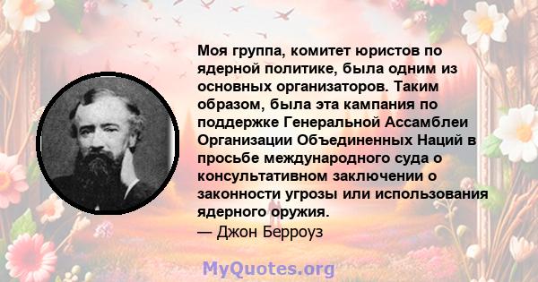 Моя группа, комитет юристов по ядерной политике, была одним из основных организаторов. Таким образом, была эта кампания по поддержке Генеральной Ассамблеи Организации Объединенных Наций в просьбе международного суда о