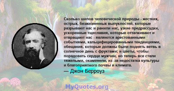 Сколько шипов человеческой природы - жестких, острых, безжизненных выпуклостей, которые разрывают нас и ранили нас, узкие предрассудки, ускоренные тщеславия, которые отталкивают и отвращают нас - являются арестованными