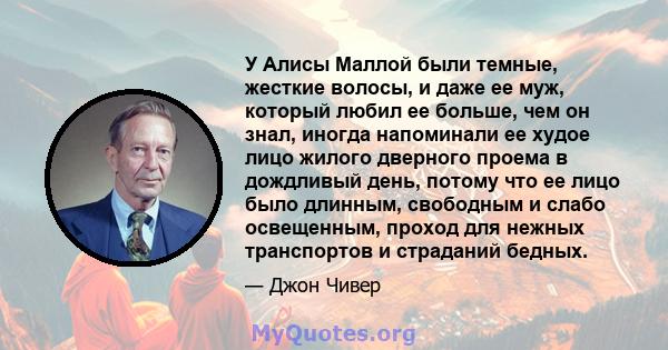 У Алисы Маллой были темные, жесткие волосы, и даже ее муж, который любил ее больше, чем он знал, иногда напоминали ее худое лицо жилого дверного проема в дождливый день, потому что ее лицо было длинным, свободным и