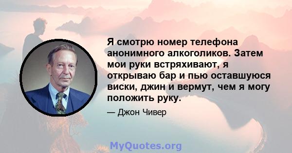 Я смотрю номер телефона анонимного алкоголиков. Затем мои руки встряхивают, я открываю бар и пью оставшуюся виски, джин и вермут, чем я могу положить руку.