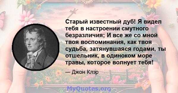 Старый известный дуб! Я видел тебя в настроении смутного безразличия; И все же со мной твоя воспоминания, как твоя судьба, затянувшаяся годами, ты отшельник, в одиноком море травы, которое волнует тебя!