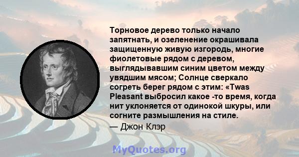 Торновое дерево только начало запятнать, и озеленение окрашивала защищенную живую изгородь, многие фиолетовые рядом с деревом, выглядывавшим синим цветом между увядшим мясом; Солнце сверкало согреть берег рядом с этим: