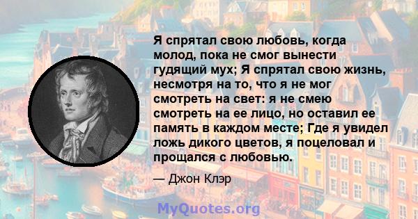 Я спрятал свою любовь, когда молод, пока не смог вынести гудящий мух; Я спрятал свою жизнь, несмотря на то, что я не мог смотреть на свет: я не смею смотреть на ее лицо, но оставил ее память в каждом месте; Где я увидел 