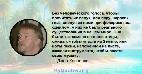 Без человеческого голоса, чтобы прочитать их вслух, или пару широких глаз, следуя за ними при фонарике под одеялом, у них не было реального существования в нашем мире. Они были как семена в клюве птицы, ожидая, чтобы