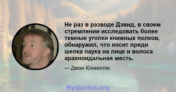 Не раз в разводе Дэвид, в своем стремлении исследовать более темные уголки книжных полков, обнаружил, что носит пряди шелка паука на лице и волоса арахноидальная месть.