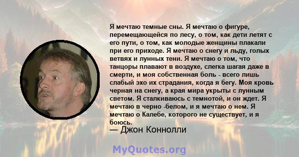 Я мечтаю темные сны. Я мечтаю о фигуре, перемещающейся по лесу, о том, как дети летят с его пути, о том, как молодые женщины плакали при его приходе. Я мечтаю о снегу и льду, голых ветвях и лунных тени. Я мечтаю о том,