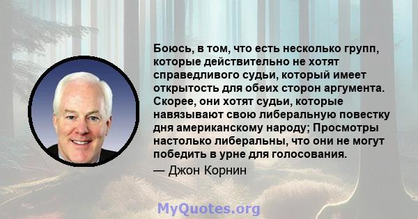 Боюсь, в том, что есть несколько групп, которые действительно не хотят справедливого судьи, который имеет открытость для обеих сторон аргумента. Скорее, они хотят судьи, которые навязывают свою либеральную повестку дня