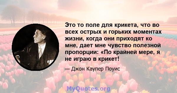 Это то поле для крикета, что во всех острых и горьких моментах жизни, когда они приходят ко мне, дает мне чувство полезной пропорции: «По крайней мере, я не играю в крикет!