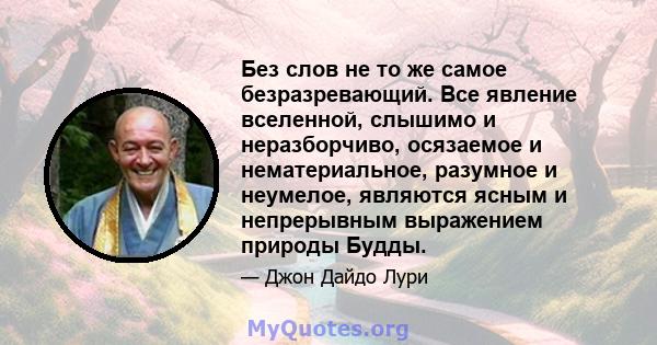 Без слов не то же самое безразревающий. Все явление вселенной, слышимо и неразборчиво, осязаемое и нематериальное, разумное и неумелое, являются ясным и непрерывным выражением природы Будды.