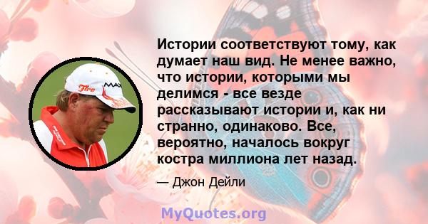 Истории соответствуют тому, как думает наш вид. Не менее важно, что истории, которыми мы делимся - все везде рассказывают истории и, как ни странно, одинаково. Все, вероятно, началось вокруг костра миллиона лет назад.