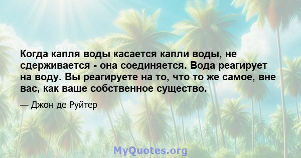 Когда капля воды касается капли воды, не сдерживается - она ​​соединяется. Вода реагирует на воду. Вы реагируете на то, что то же самое, вне вас, как ваше собственное существо.