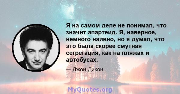 Я на самом деле не понимал, что значит апартеид. Я, наверное, немного наивно, но я думал, что это была скорее смутная сегрегация, как на пляжах и автобусах.