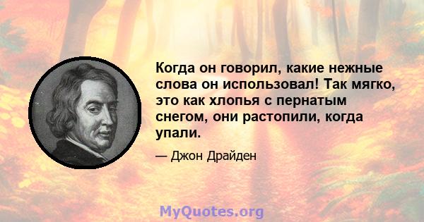 Когда он говорил, какие нежные слова он использовал! Так мягко, это как хлопья с пернатым снегом, они растопили, когда упали.