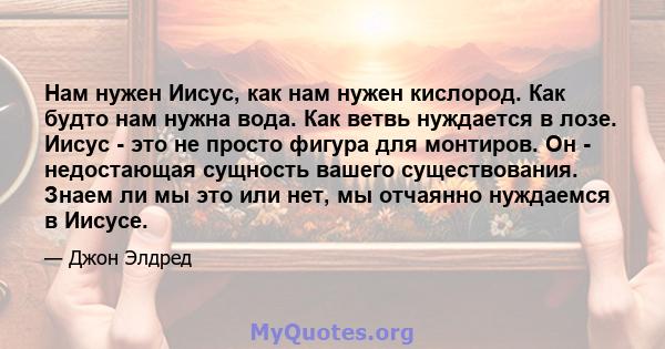 Нам нужен Иисус, как нам нужен кислород. Как будто нам нужна вода. Как ветвь нуждается в лозе. Иисус - это не просто фигура для монтиров. Он - недостающая сущность вашего существования. Знаем ли мы это или нет, мы