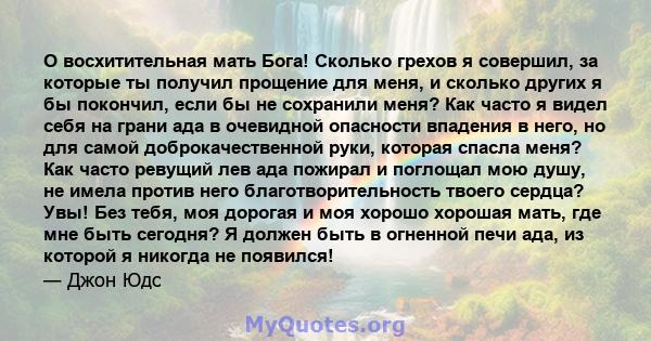 О восхитительная мать Бога! Сколько грехов я совершил, за которые ты получил прощение для меня, и сколько других я бы покончил, если бы не сохранили меня? Как часто я видел себя на грани ада в очевидной опасности