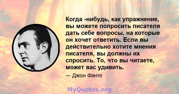 Когда -нибудь, как упражнение, вы можете попросить писателя дать себе вопросы, на которые он хочет ответить. Если вы действительно хотите мнения писателя, вы должны их спросить. То, что вы читаете, может вас удивить.