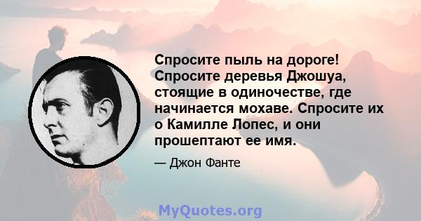 Спросите пыль на дороге! Спросите деревья Джошуа, стоящие в одиночестве, где начинается мохаве. Спросите их о Камилле Лопес, и они прошептают ее имя.