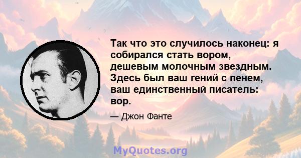 Так что это случилось наконец: я собирался стать вором, дешевым молочным звездным. Здесь был ваш гений с пенем, ваш единственный писатель: вор.