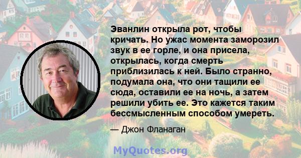 Эванлин открыла рот, чтобы кричать. Но ужас момента заморозил звук в ее горле, и она присела, открылась, когда смерть приблизилась к ней. Было странно, подумала она, что они тащили ее сюда, оставили ее на ночь, а затем