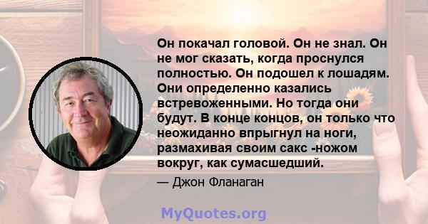 Он покачал головой. Он не знал. Он не мог сказать, когда проснулся полностью. Он подошел к лошадям. Они определенно казались встревоженными. Но тогда они будут. В конце концов, он только что неожиданно впрыгнул на ноги, 