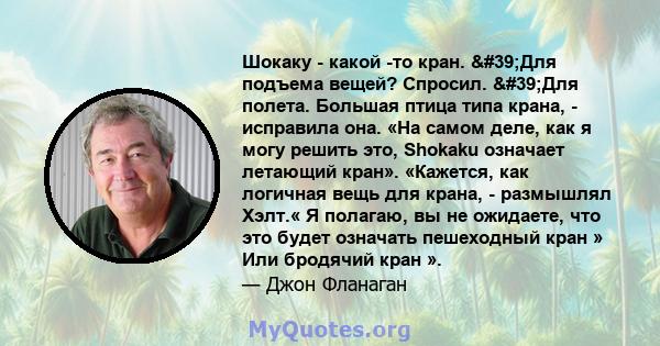 Шокаку - какой -то кран. 'Для подъема вещей? Спросил. 'Для полета. Большая птица типа крана, - исправила она. «На самом деле, как я могу решить это, Shokaku означает летающий кран». «Кажется, как логичная вещь