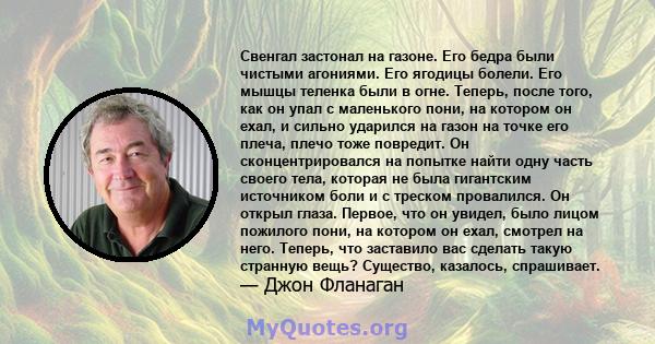 Свенгал застонал на газоне. Его бедра были чистыми агониями. Его ягодицы болели. Его мышцы теленка были в огне. Теперь, после того, как он упал с маленького пони, на котором он ехал, и сильно ударился на газон на точке