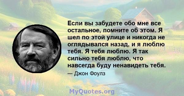 Если вы забудете обо мне все остальное, помните об этом. Я шел по этой улице и никогда не оглядывался назад, и я люблю тебя. Я тебя люблю. Я так сильно тебя люблю, что навсегда буду ненавидеть тебя.