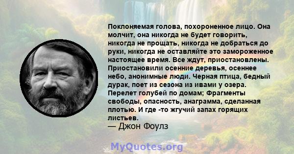 Поклоняемая голова, похороненное лицо. Она молчит, она никогда не будет говорить, никогда не прощать, никогда не добраться до руки, никогда не оставляйте это замороженное настоящее время. Все ждут, приостановлены.