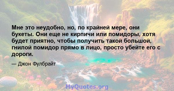 Мне это неудобно, но, по крайней мере, они букеты. Они еще не кирпичи или помидоры, хотя будет приятно, чтобы получить такой большой, гнилой помидор прямо в лицо, просто убейте его с дороги.