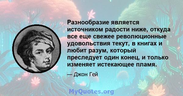 Разнообразие является источником радости ниже, откуда все еще свежее революционные удовольствия текут, в книгах и любит разум, который преследует один конец, и только изменяет истекающее пламя.