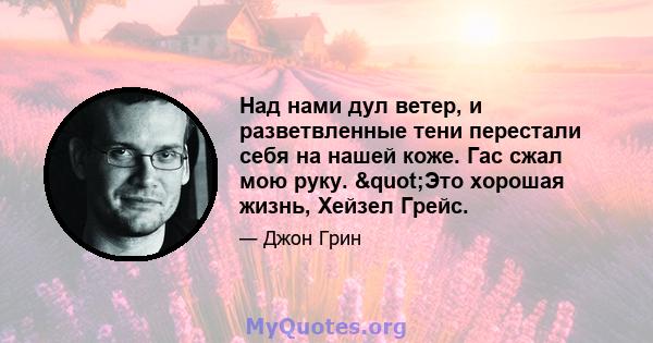 Над нами дул ветер, и разветвленные тени перестали себя на нашей коже. Гас сжал мою руку. "Это хорошая жизнь, Хейзел Грейс.