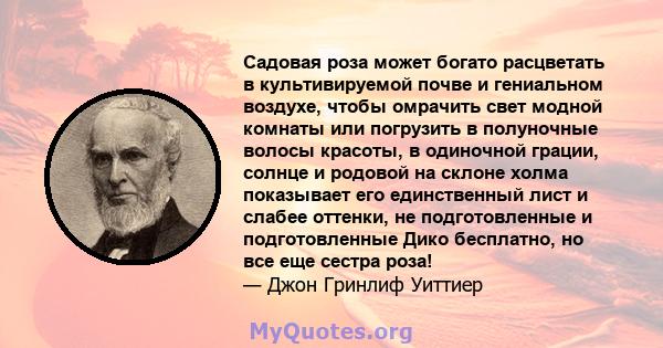 Садовая роза может богато расцветать в культивируемой почве и гениальном воздухе, чтобы омрачить свет модной комнаты или погрузить в полуночные волосы красоты, в одиночной грации, солнце и родовой на склоне холма