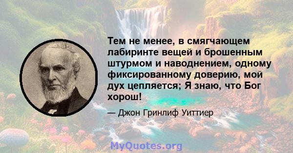 Тем не менее, в смягчающем лабиринте вещей и брошенным штурмом и наводнением, одному фиксированному доверию, мой дух цепляется; Я знаю, что Бог хорош!