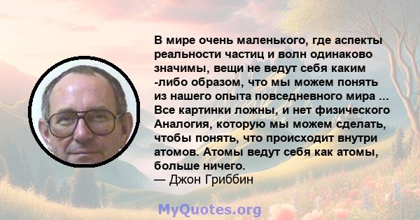 В мире очень маленького, где аспекты реальности частиц и волн одинаково значимы, вещи не ведут себя каким -либо образом, что мы можем понять из нашего опыта повседневного мира ... Все картинки ложны, и нет физического