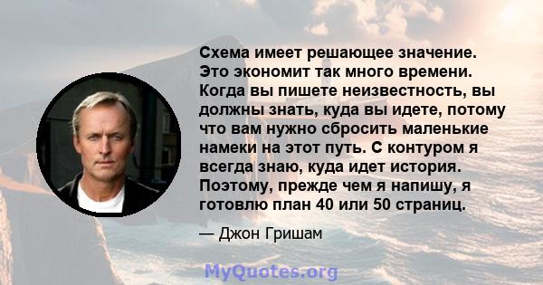 Схема имеет решающее значение. Это экономит так много времени. Когда вы пишете неизвестность, вы должны знать, куда вы идете, потому что вам нужно сбросить маленькие намеки на этот путь. С контуром я всегда знаю, куда