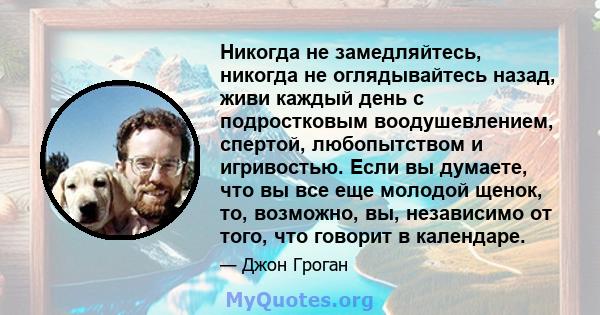 Никогда не замедляйтесь, никогда не оглядывайтесь назад, живи каждый день с подростковым воодушевлением, спертой, любопытством и игривостью. Если вы думаете, что вы все еще молодой щенок, то, возможно, вы, независимо от 