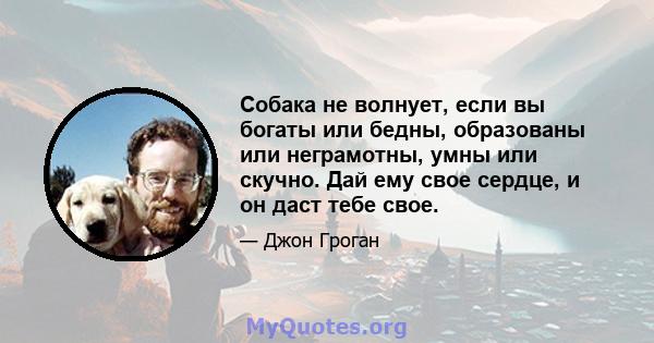 Собака не волнует, если вы богаты или бедны, образованы или неграмотны, умны или скучно. Дай ему свое сердце, и он даст тебе свое.