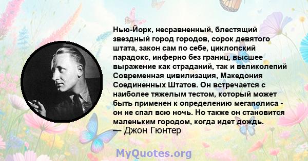 Нью-Йорк, несравненный, блестящий звездный город городов, сорок девятого штата, закон сам по себе, циклопский парадокс, инферно без границ, высшее выражение как страданий, так и великолепий Современная цивилизация,