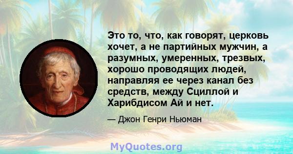 Это то, что, как говорят, церковь хочет, а не партийных мужчин, а разумных, умеренных, трезвых, хорошо проводящих людей, направляя ее через канал без средств, между Сциллой и Харибдисом Ай и нет.